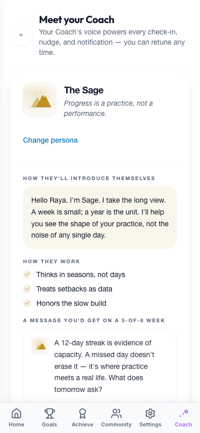 Onboarding Coach step — choosing a persona, tone, and rhythm