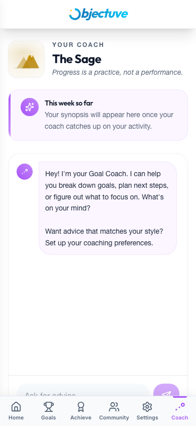 Objectuve Coach tab with today's check-in, weekly synopsis, and chat