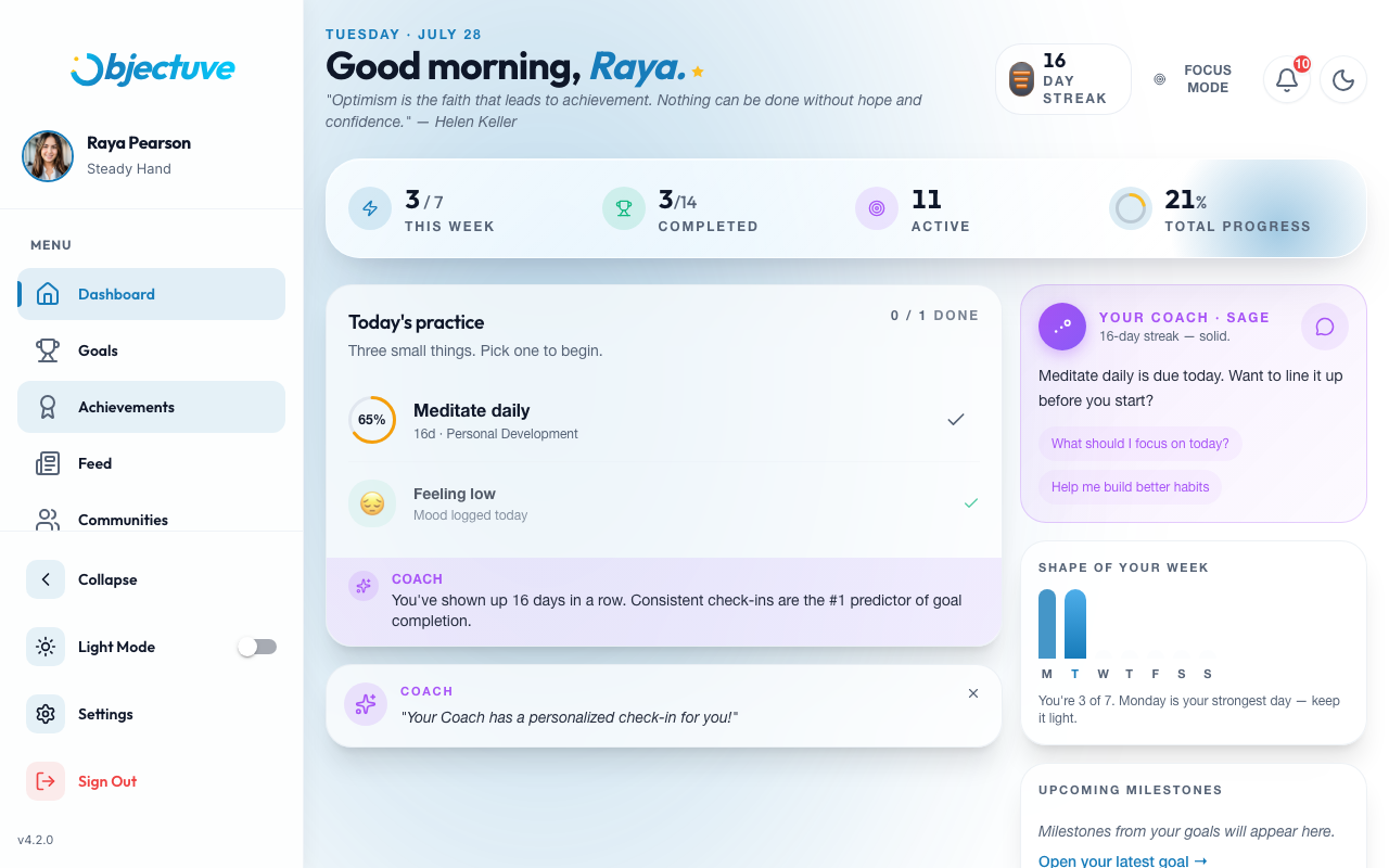 Objectuve dashboard on desktop with the side navigation visible