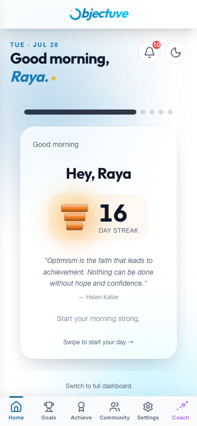Streamlined view showing one card at a time