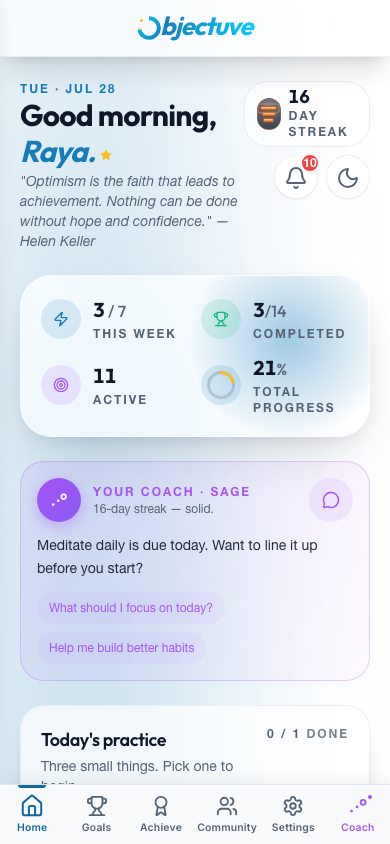 Today's practice at the bottom of the dashboard, showing the 0 of 1 done counter