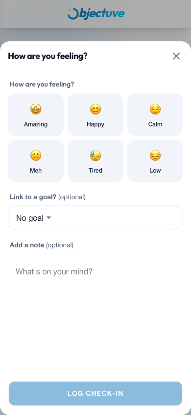 Objectuve mood check-in screen with six mood options