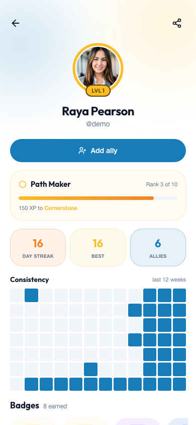 Objectuve public profile with level ring, stats, and badge showcase