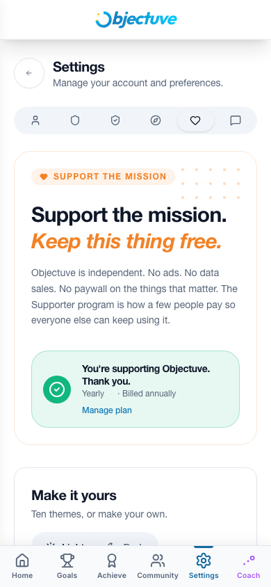 Objectuve Supporter settings with plan options and color themes