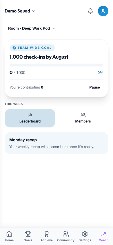 Team home showing the collective goal card, today's activity feed, and Leaderboard/Members shortcuts
