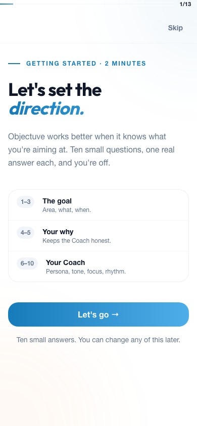 Objectuve getting-started onboarding flow, first question